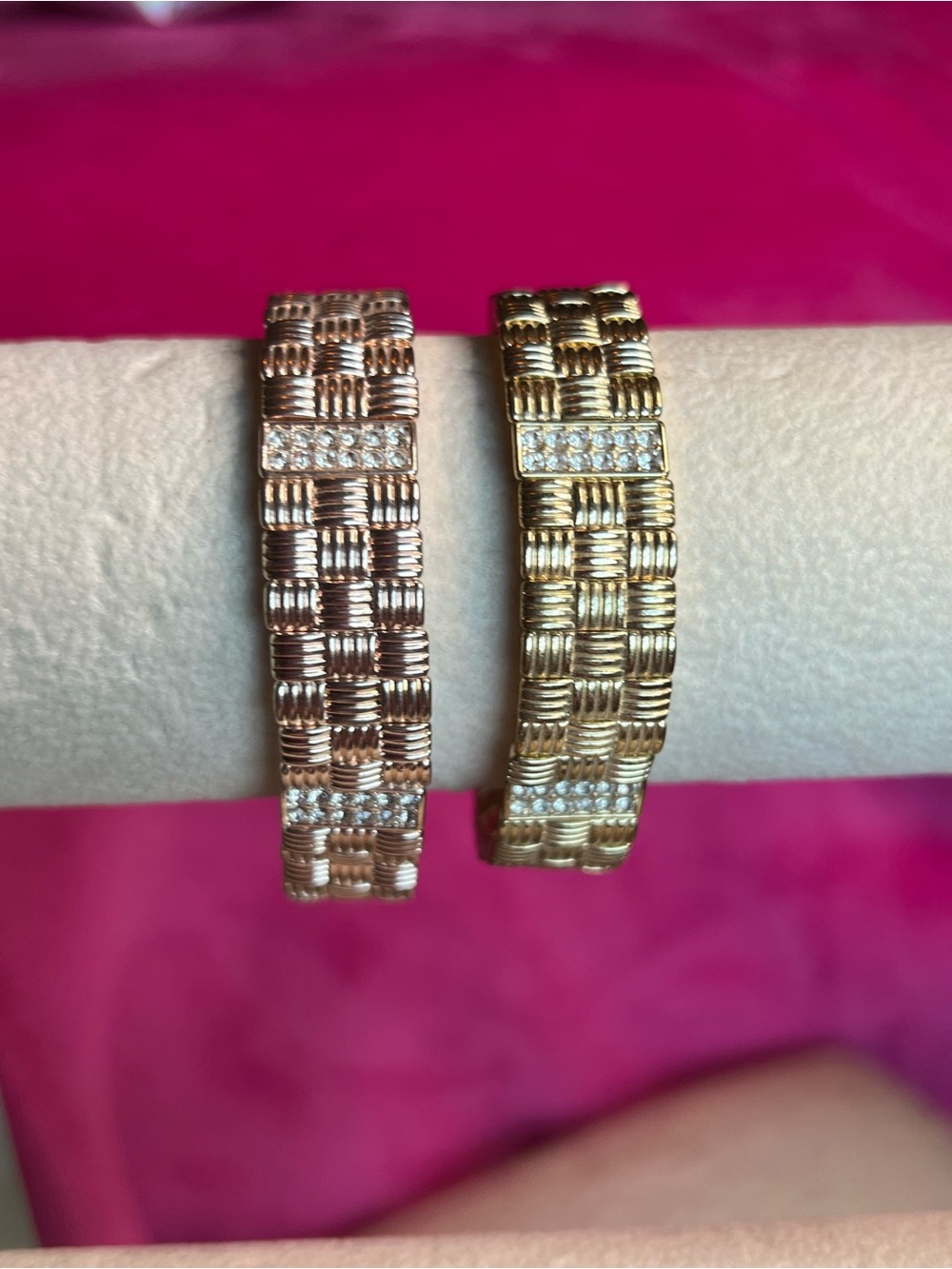 (2) Gold & Rose Gold Basketweave Print Crystal Bracelets